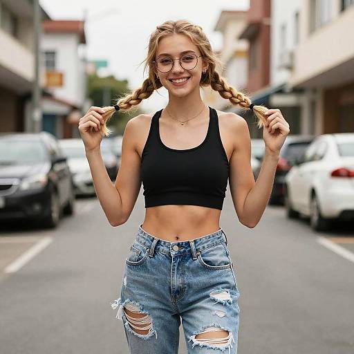 Happy Young Woman with Braided Hair Wearing Ripped Jeans on Street