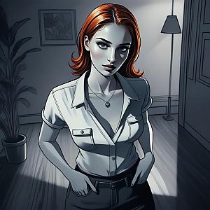 Confident Young Woman with Red Hair in Minimalist Room
