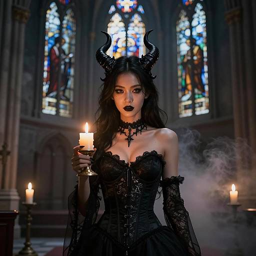 Gothic Woman in Black Corset with Horns Holding Candle in Dark Church