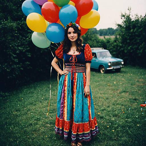 Woman in Colorful Gypsy Birthday Dress Holding Balloons Outdoors