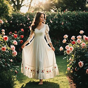 Serene Woman in Vintage Dress in Blooming Garden