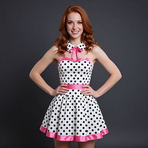 Retro Polka Dot Dress with Pink Trim Worn by Smiling Red-Haired Woman