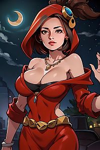 Fantasy Anime Woman in Red Hooded Outfit Under Moonlight