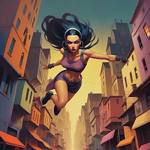 Strong Female Character Leaping in Urban Landscape