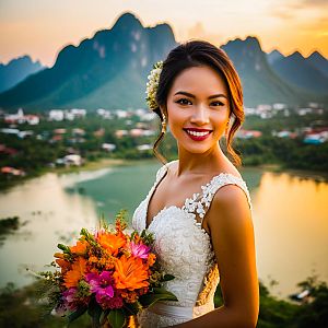 Radiant Bride in Lace Dress with Vibrant Bouquet at Sunset