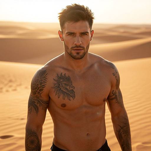 Shirtless Man with Tattoos in Desert Sand Dunes