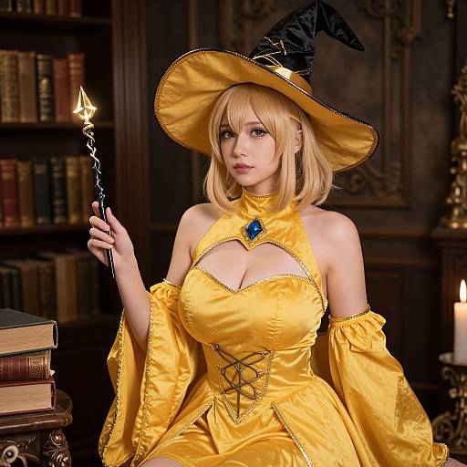 Woman in Elegant Yellow Witch Cosplay Costume Holding Magic Wand