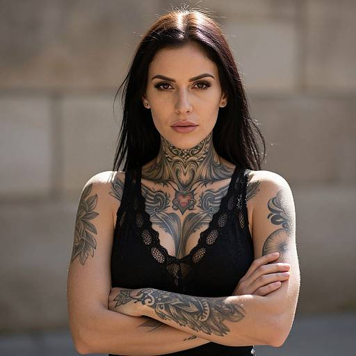 Confident Woman with Intricate Neck and Arm Tattoos in Black Lace Top