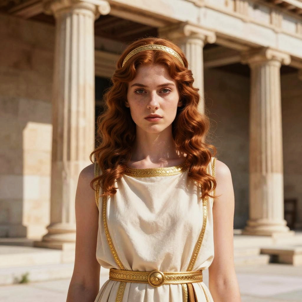 Young Woman in Grecian Dress Standing by Ancient Stone Columns