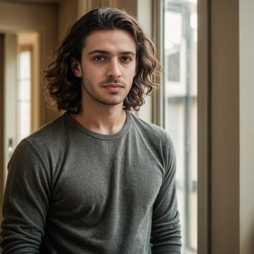 Young man by window in casual setting