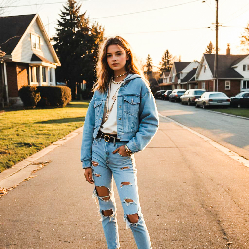 Stylish Woman in Denim Jacket on Suburban Street