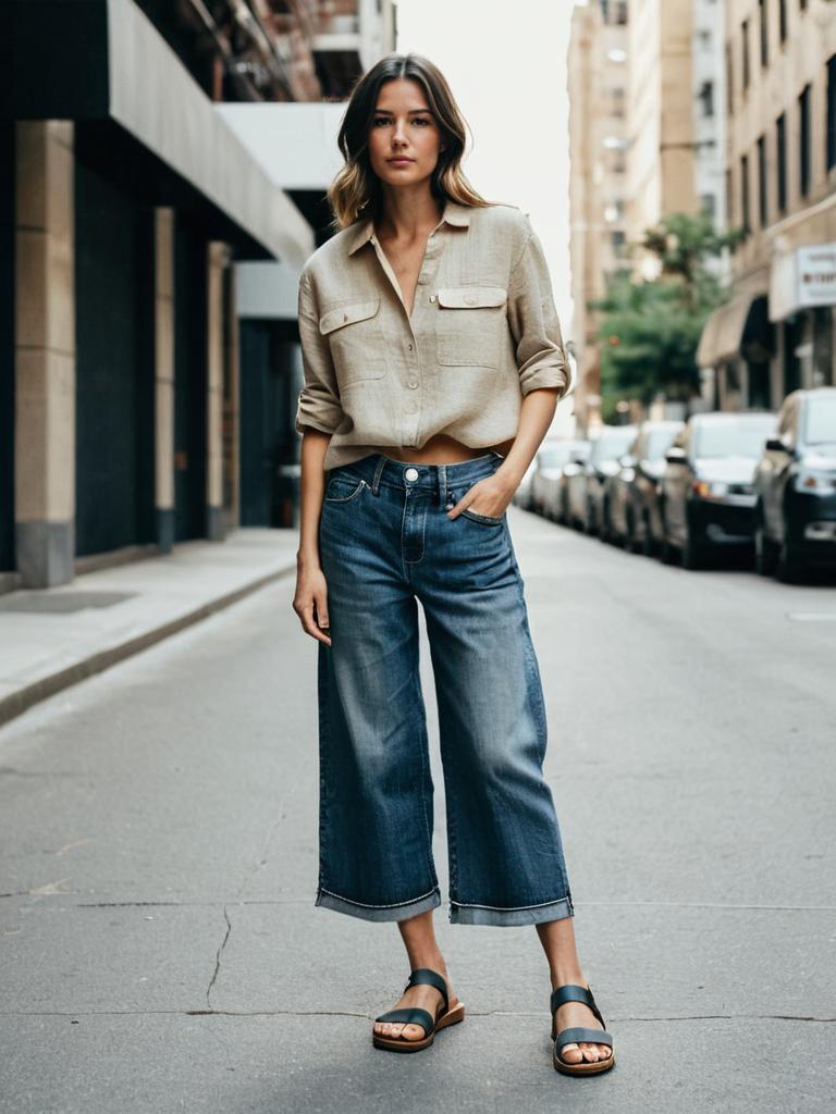 Casual Street Style Woman in Beige Shirt and Wide-Leg Cropped Jeans