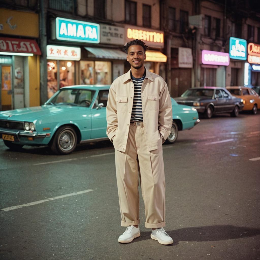 Stylish Man on City Street at Night with Vintage Cars