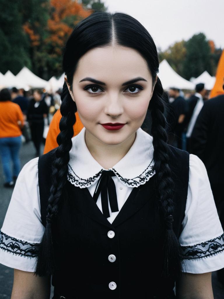 Woman in Wednesday Addams Costume Candid Cosplay Portrait at Halloween