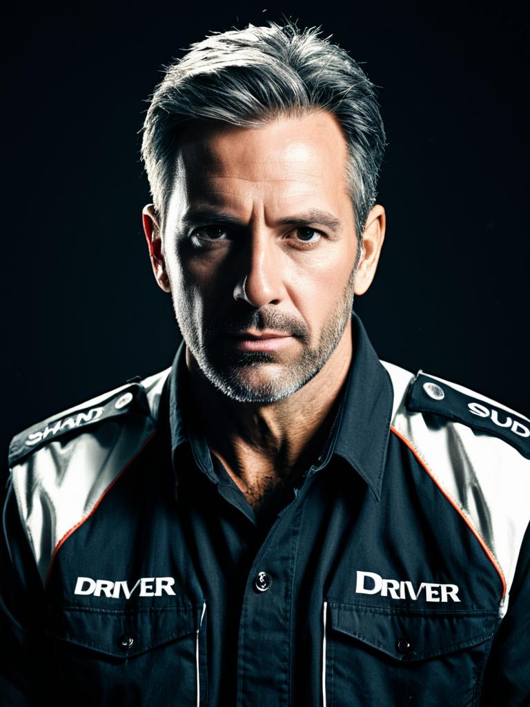 Professional Studio Headshot of Man in Driver Costume with Sharp Detail