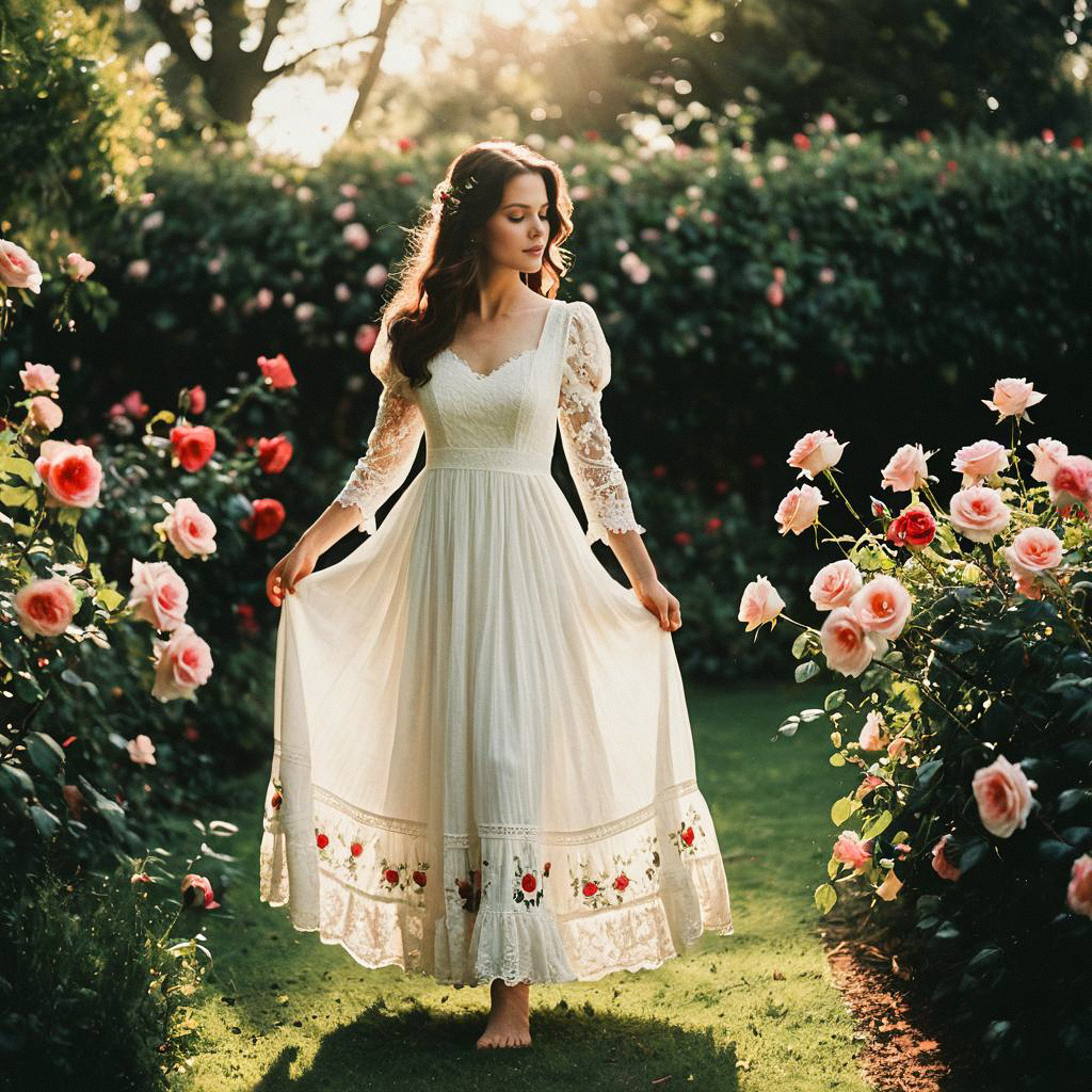 Serene Woman in Vintage Dress in Blooming Garden Serene Woman in Vintage Dress in Blooming Garden