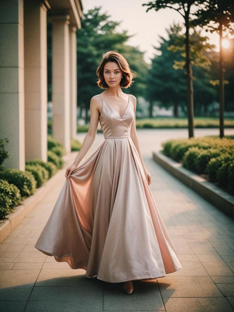 Elegant Woman in Evening Gown on Sunlit Path