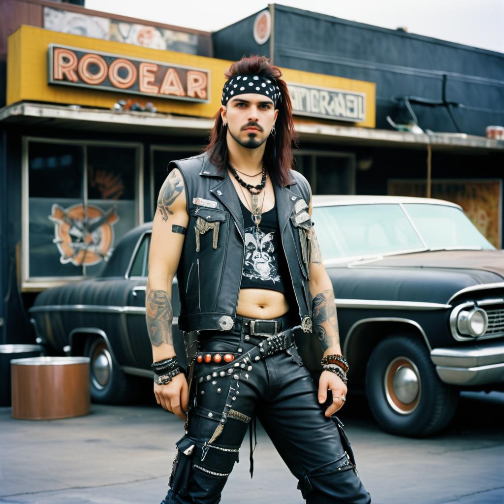 Confident Punk Rock Man with Vintage Car