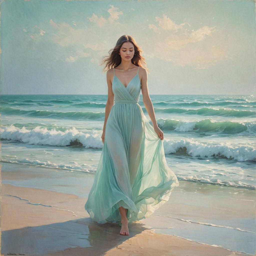 Woman in pastel dress walking along shoreline