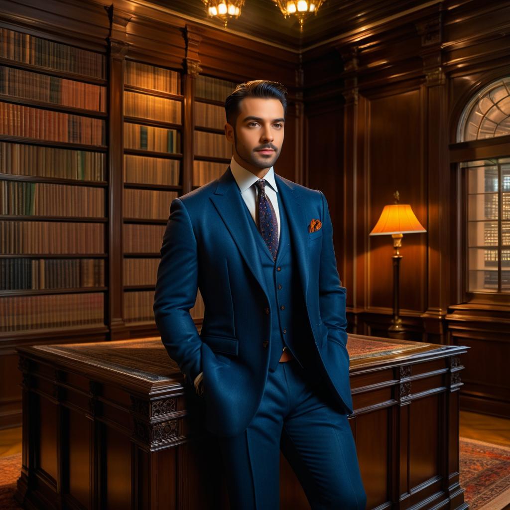 Confident Man in Tailored Blue Suit in Elegant Library