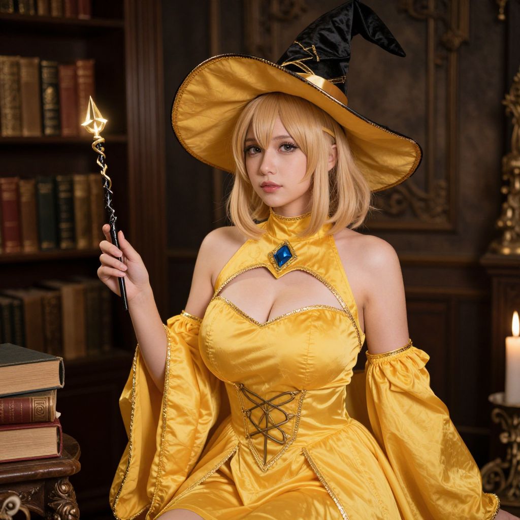 Woman in Elegant Yellow Witch Cosplay Costume Holding Magic Wand