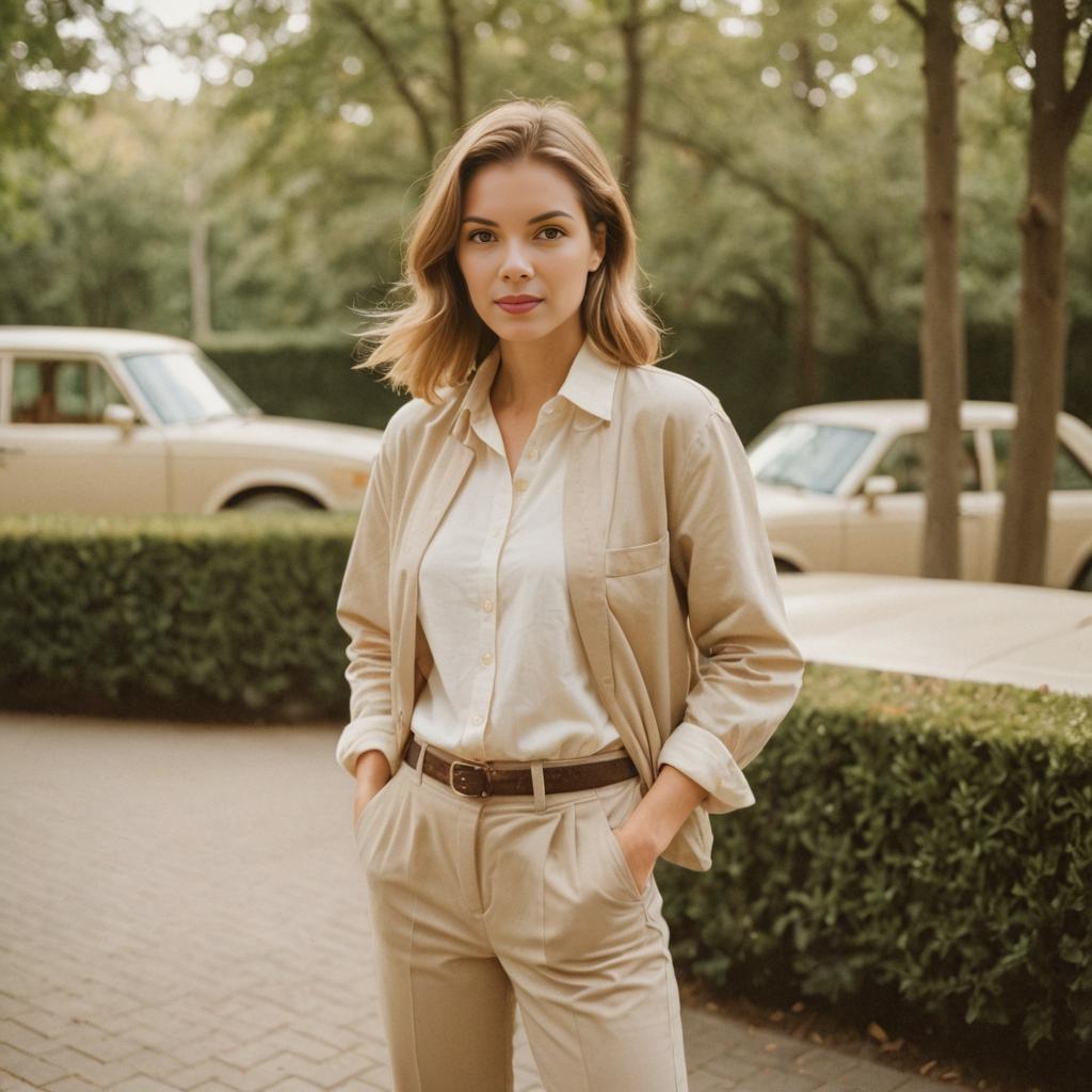 Stylish Woman in Beige Chinos with Vintage Cars