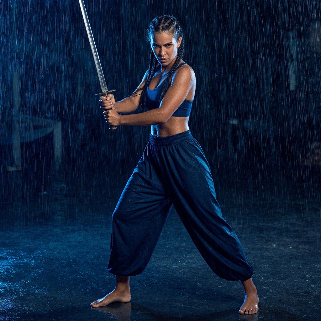 Woman Martial Artist Holding Sword in Rainy Night