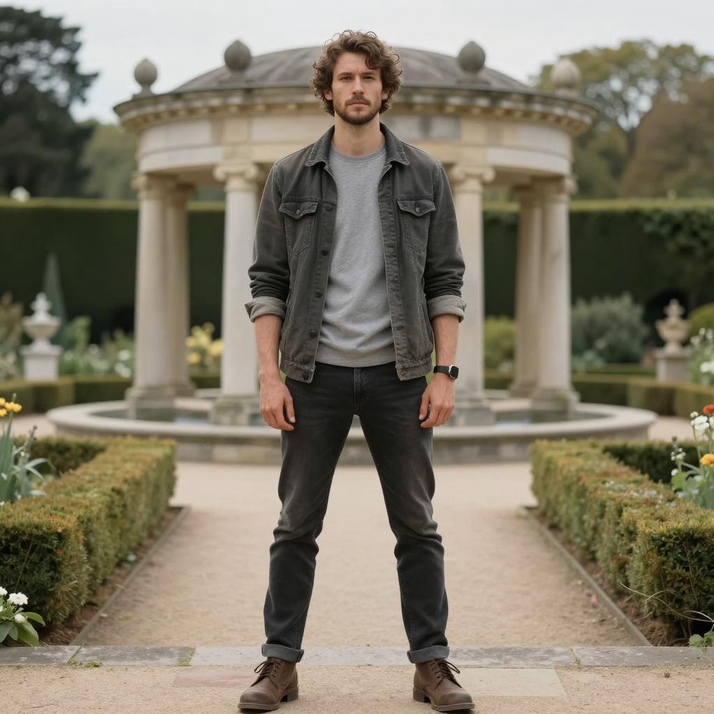 Young Man in Casual Gen Z Fashion Standing in Garden with Classical Gazebo