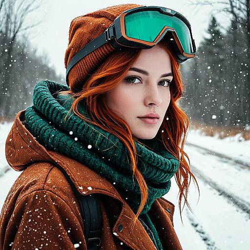Red-haired Woman in Winter Gear with Ski Goggles in Snowy Landscape