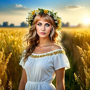 Young Woman with Floral Crown in Sunset Field