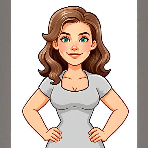 Confident Young Woman Cartoon Illustration with Blue Eyes and Wavy Hair