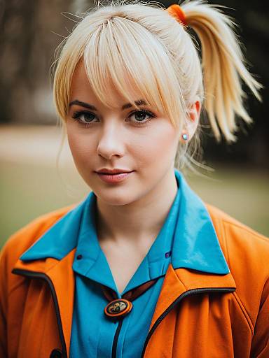 Portrait of Blonde Woman Wearing Orange Jacket and Blue Shirt with Bolo Tie