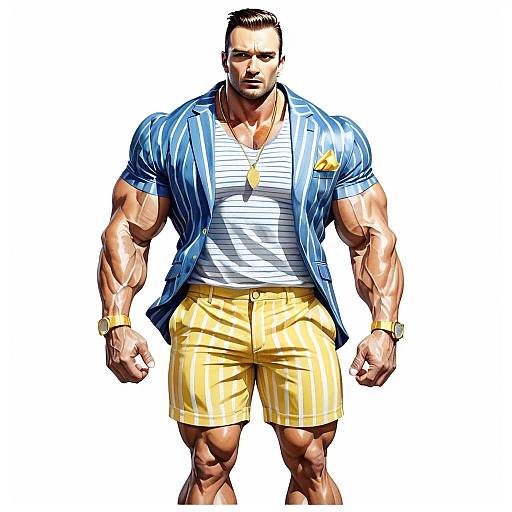 Muscular Man in Stylish Blue Blazer and Yellow Striped Shorts Digital Art
