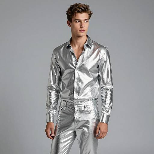 Young Man Wearing Metallic Silver Shirt and Pants Fashion Outfit