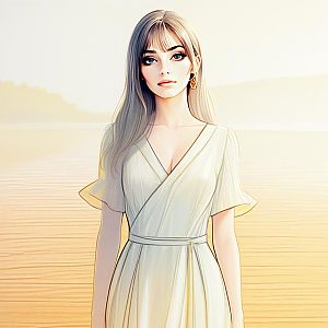 Young Woman in Flowing Dress at Sunrise