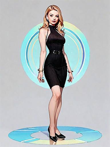 Realistic Comic Style Full Body Portrait of Woman in Black Dress