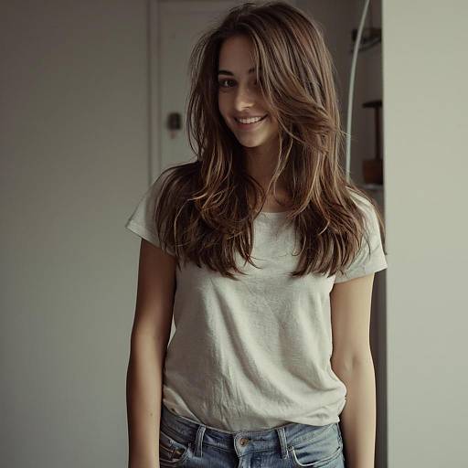 Natural Portrait of Smiling Woman in White T-shirt and Jeans