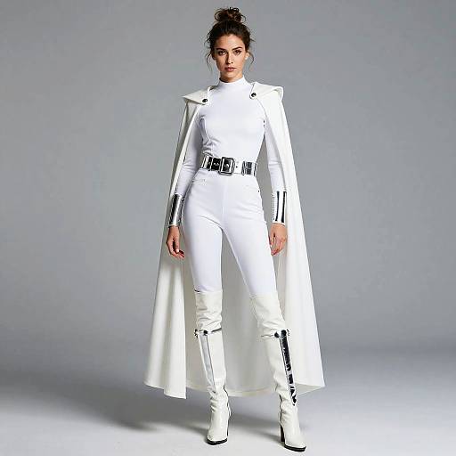 Futuristic Woman in White Sci-Fi Inspired Outfit with Cape and Metallic Accents