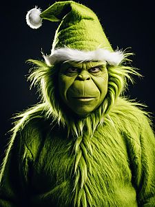 Man in Detailed Grinch Costume Wearing Green Fur and Santa Hat for Cosplay