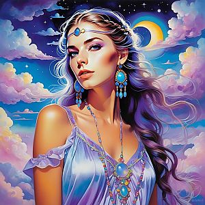 Elegant Woman with Blue Gemstone Jewelry in Dreamy Sky