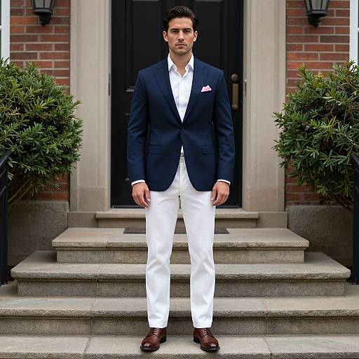 Man Wearing Navy Blazer and White Pants Standing on Stone Steps