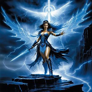Powerful Woman with Sword in Mystical Background