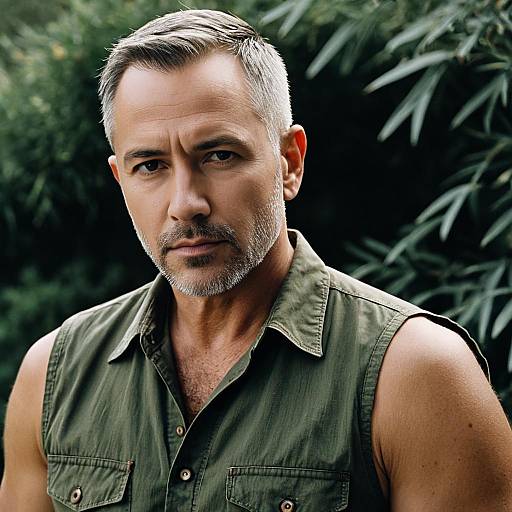 Confident Middle-Aged Man in Olive Green Sleeveless Shirt Outdoor Portrait
