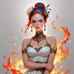 Woman with Red and Blue Hair in Fantasy Outfit Surrounded by Flames
