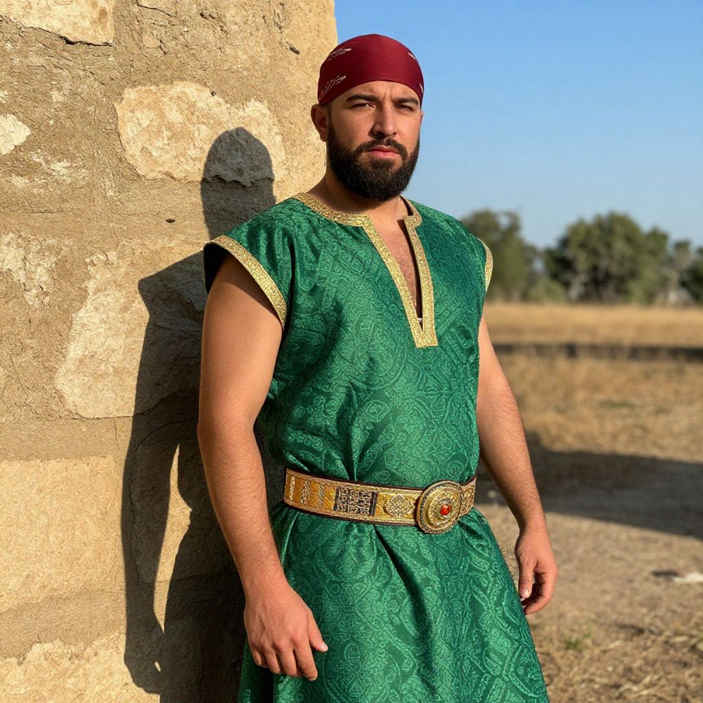 Man in Traditional Green Tunic and Red Headscarf Outdoors