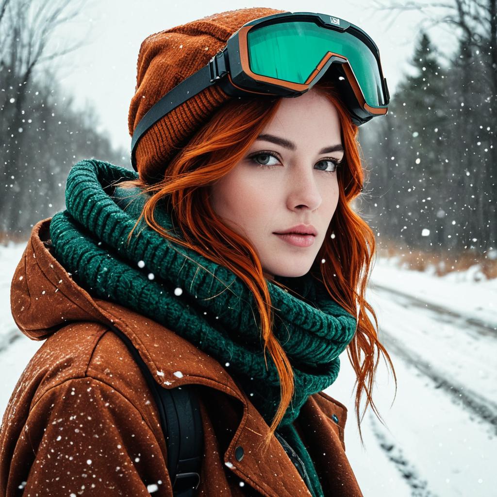 Red-haired Woman in Winter Gear with Ski Goggles in Snowy Landscape