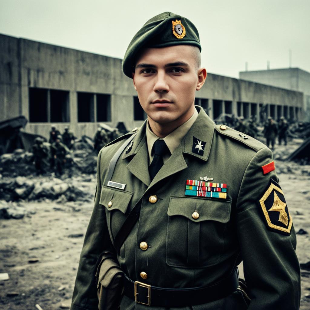 Young Male Soldier in Military Uniform on Battlefield