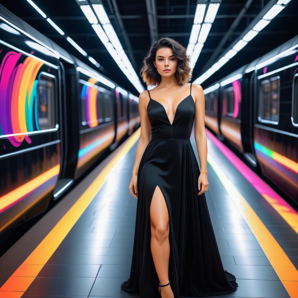 Elegant Woman in Black Dress at Subway Station