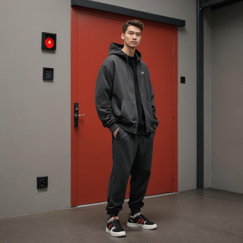 Stylish Man in Hoodie Against Red Door