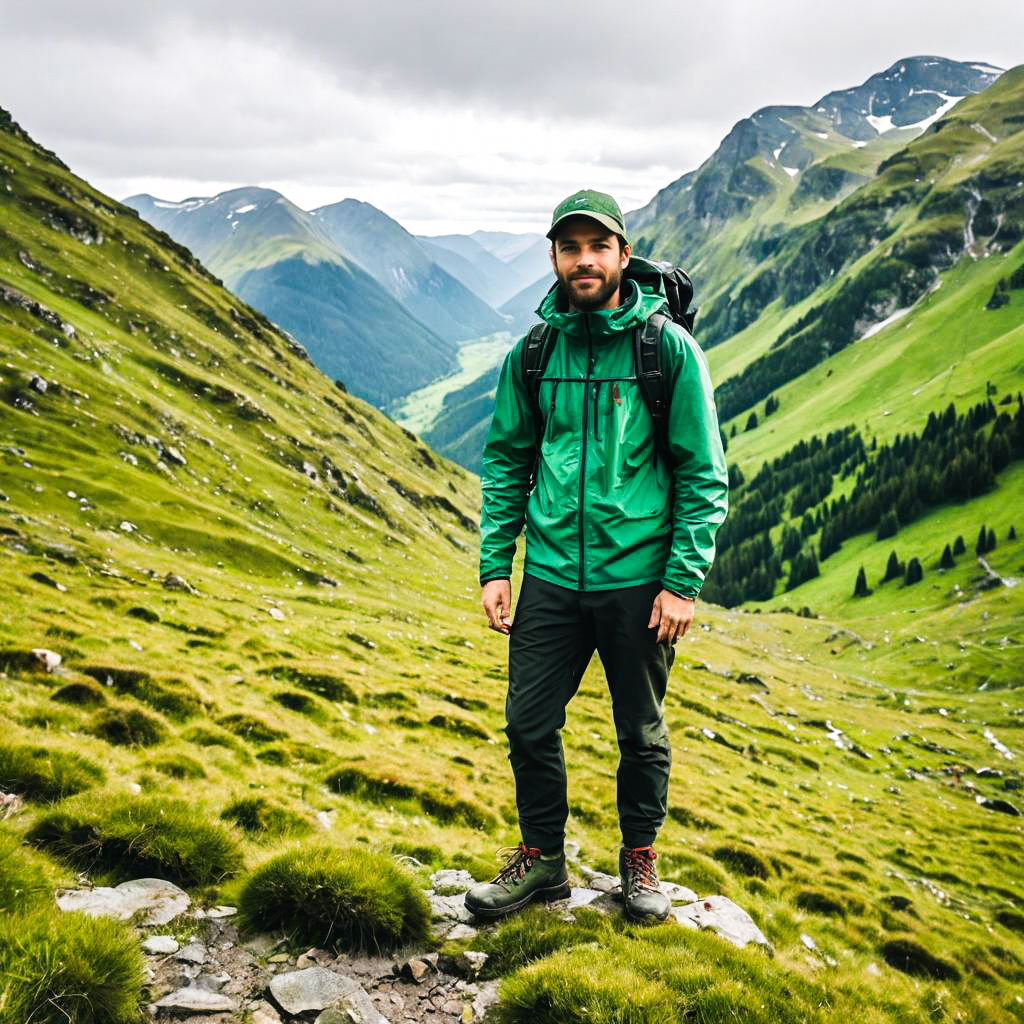 Man in Green Hiking Outfit in Mountainous Landscape